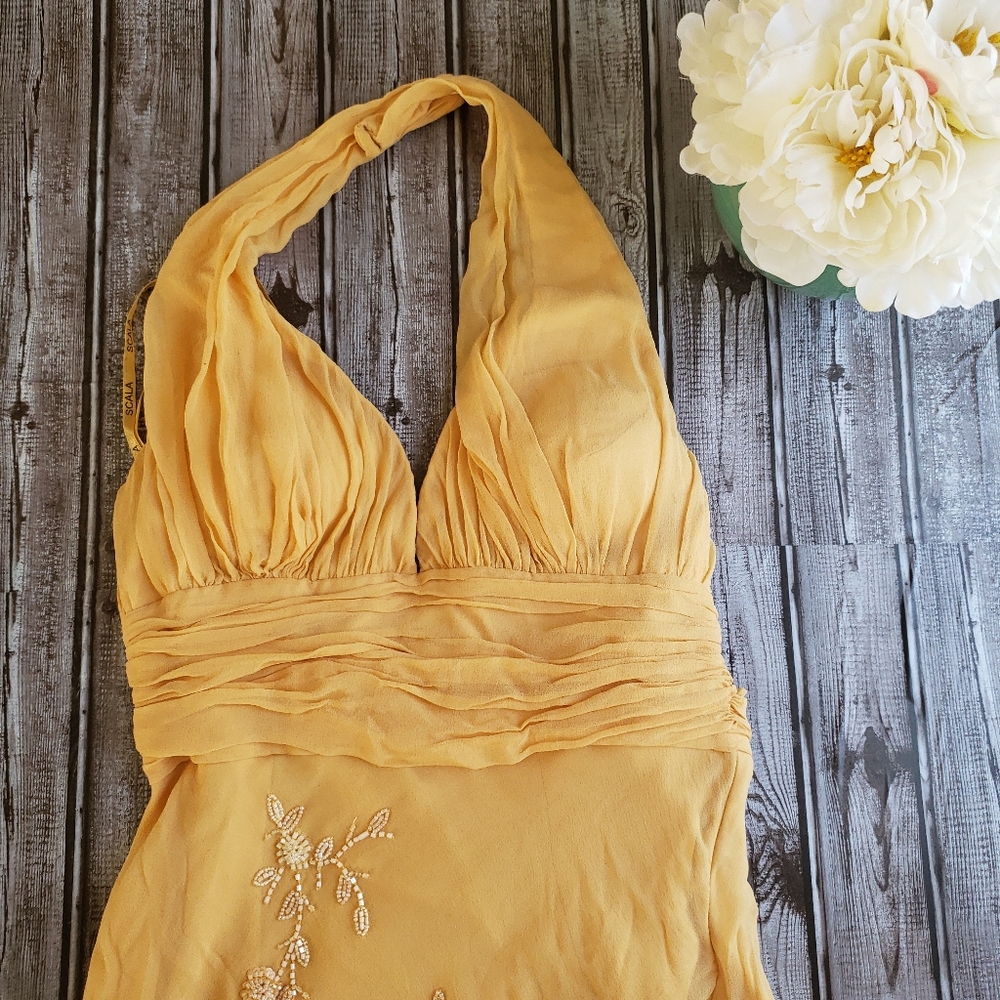 SCALA Gold Beaded Halter Dress